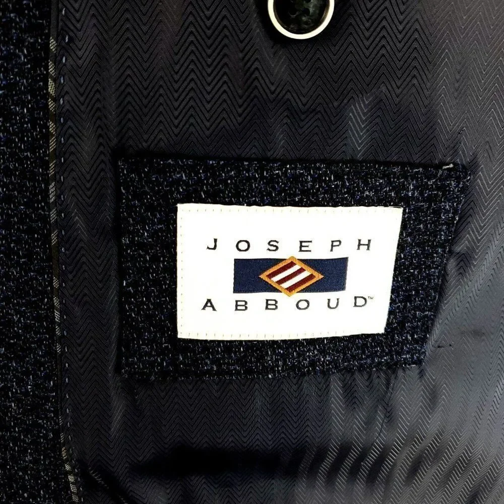 Joseph Abboud Comero Tweed Wool 2 Button Sport Coat 44R Blue Check Peak Lapel‎